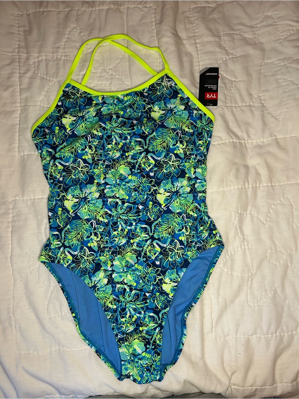 TYR Neon Blue & Lime Floral Girls' One-Piece Swimsuit